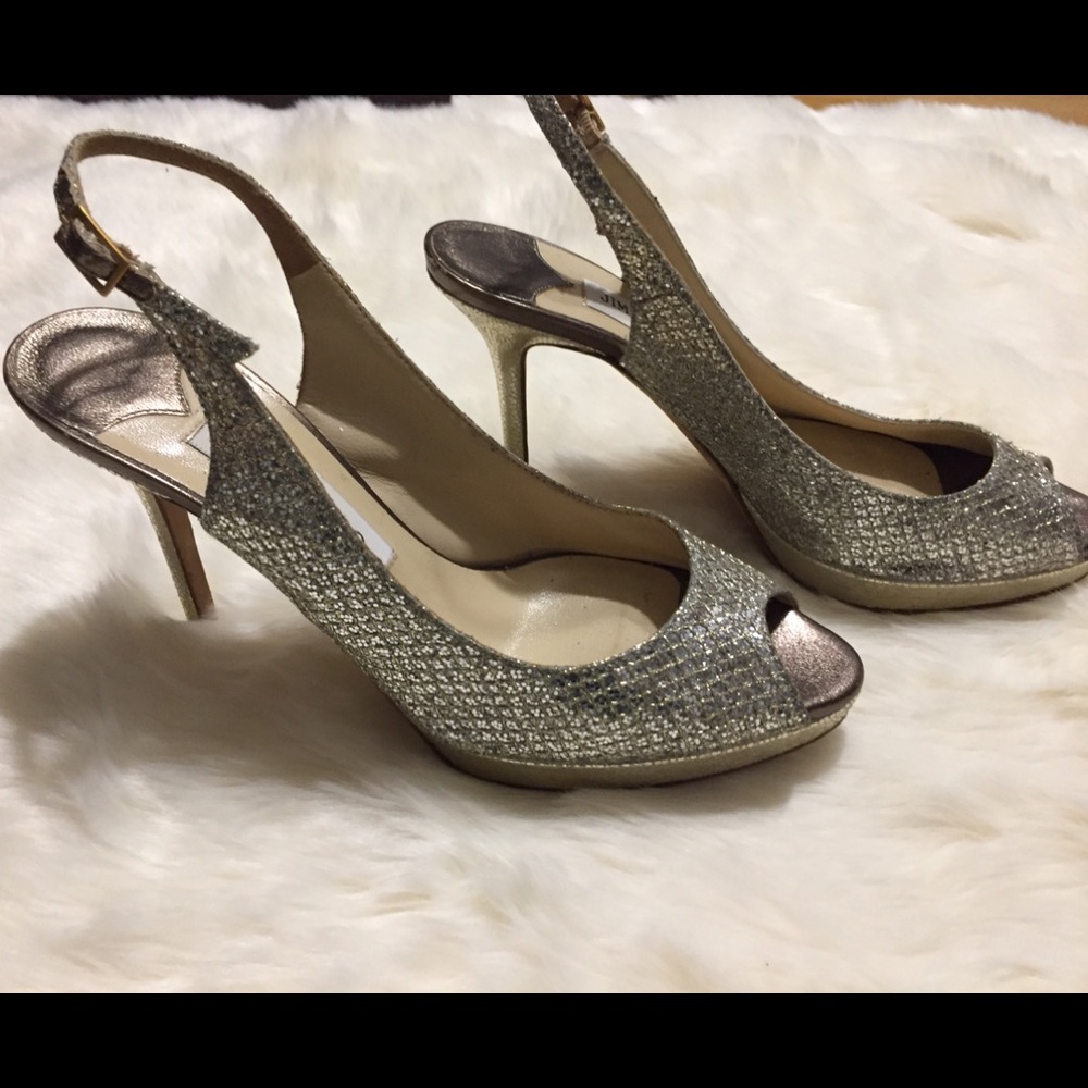 Jimmy Choo Glitter Gold Shoes Heel Platform 37.5 Gem